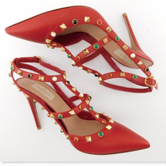 VALENTINO Red Leather Rockstud T-strap Pumps 40 - Picture 3 of 8